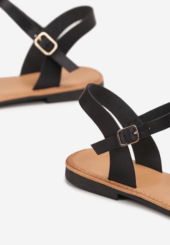 Czarne Płaskie Sandały ze Skrzyżowanymi Paskami i Sprzączką Ivala 5