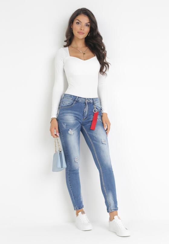 Granatowe Jeansy Skinny z Łańcuchem i Przetarciami Sildei 2