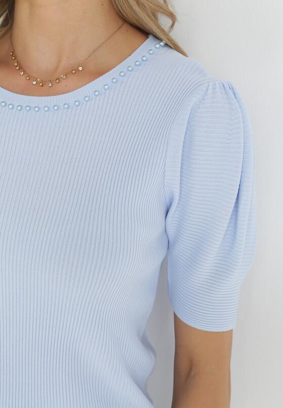 Niebieska Dzianinowa Bluzka z Krótkim i Bufiastym Rękawem Devimary 5
