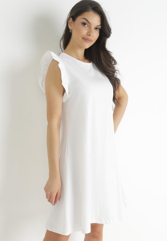 Biała Rozkloszowana Sukienka z Falbankami Przy Ramionach Rainthe 4