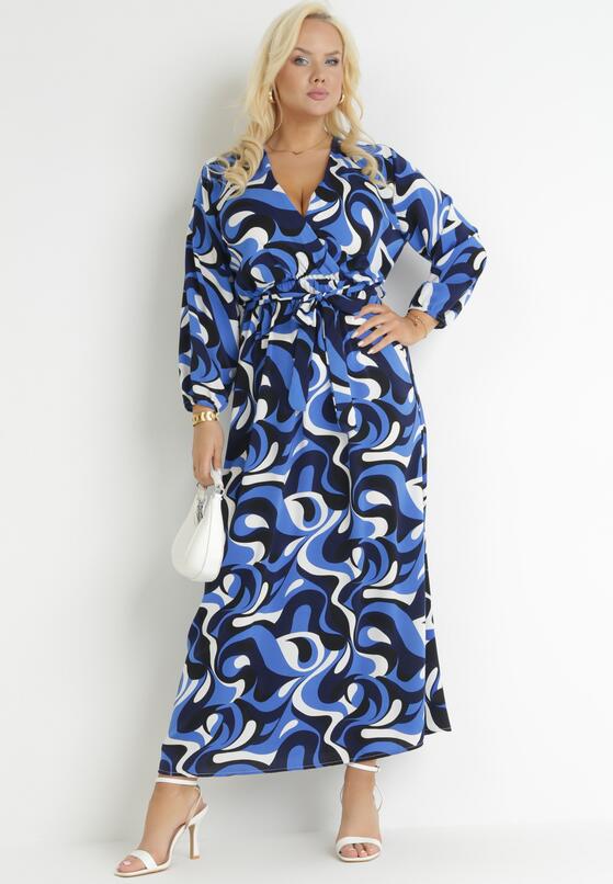 Granatowa Rozkloszowana Sukienka Maxi w Fantazyjny Print Blanis 1