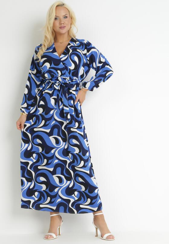 Granatowa Rozkloszowana Sukienka Maxi w Fantazyjny Print Blanis 2
