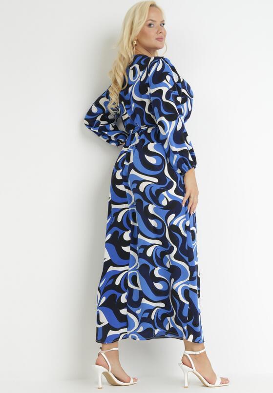 Granatowa Rozkloszowana Sukienka Maxi w Fantazyjny Print Blanis 3
