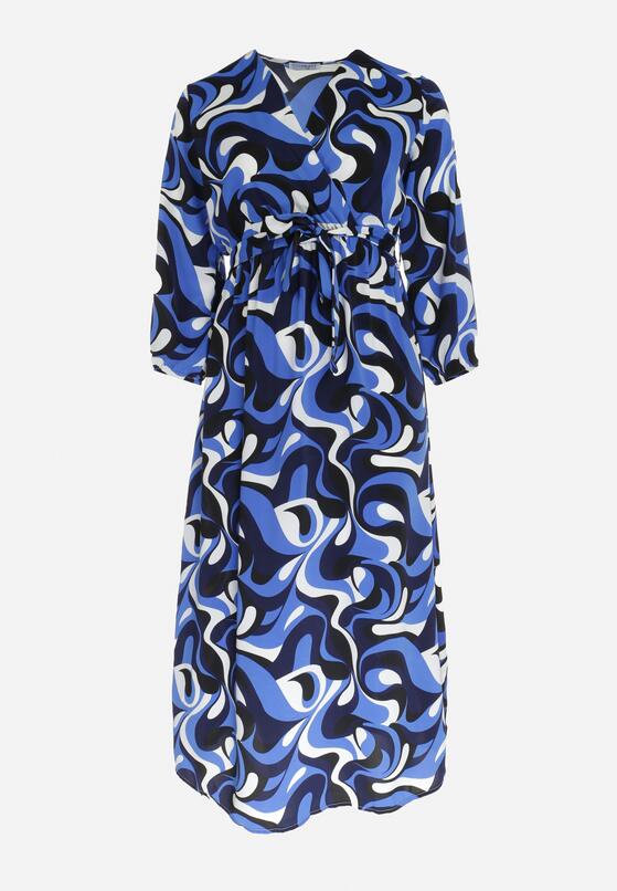 Granatowa Rozkloszowana Sukienka Maxi w Fantazyjny Print Blanis 6