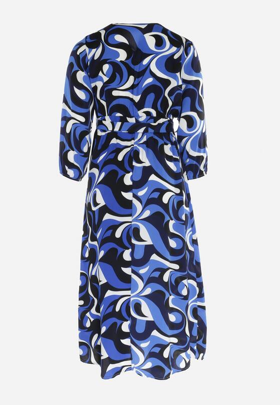 Granatowa Rozkloszowana Sukienka Maxi w Fantazyjny Print Blanis 7