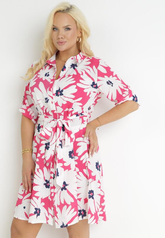 Fuksjowo-Biała Koszulowa Sukienka w Kwiaty z Wiązanym Paskiem Laritasia 1