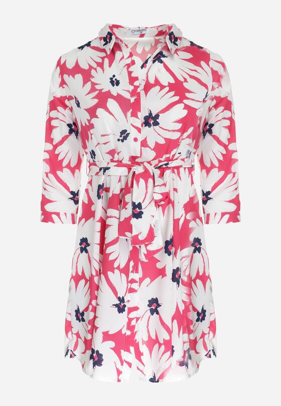 Fuksjowo-Biała Koszulowa Sukienka w Kwiaty z Wiązanym Paskiem Laritasia 6