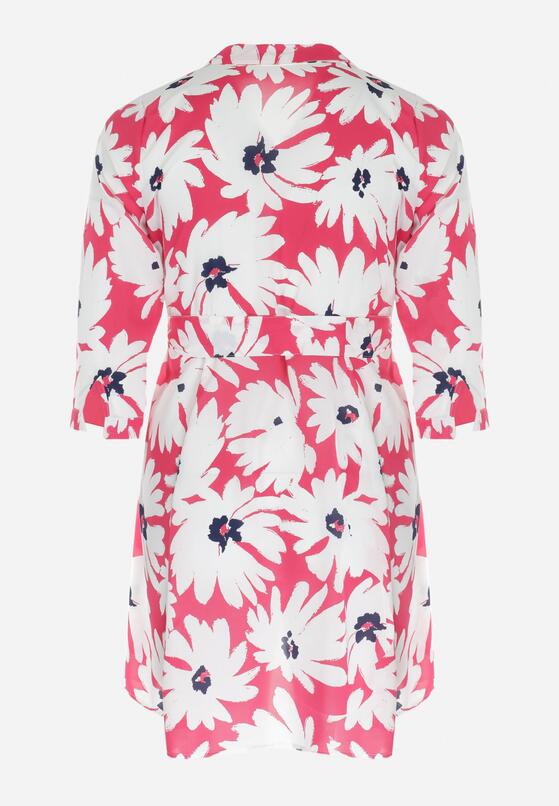 Fuksjowo-Biała Koszulowa Sukienka w Kwiaty z Wiązanym Paskiem Laritasia 7