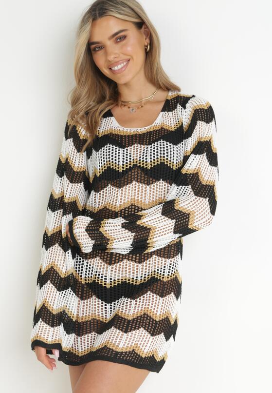 Czarno-Biała Ażurowa Tunika Narzutka w Paski z Wiązaniem na Plecach Nicolita 1