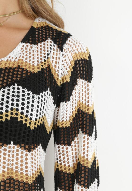 Czarno-Biała Ażurowa Tunika Narzutka w Paski z Wiązaniem na Plecach Nicolita 5