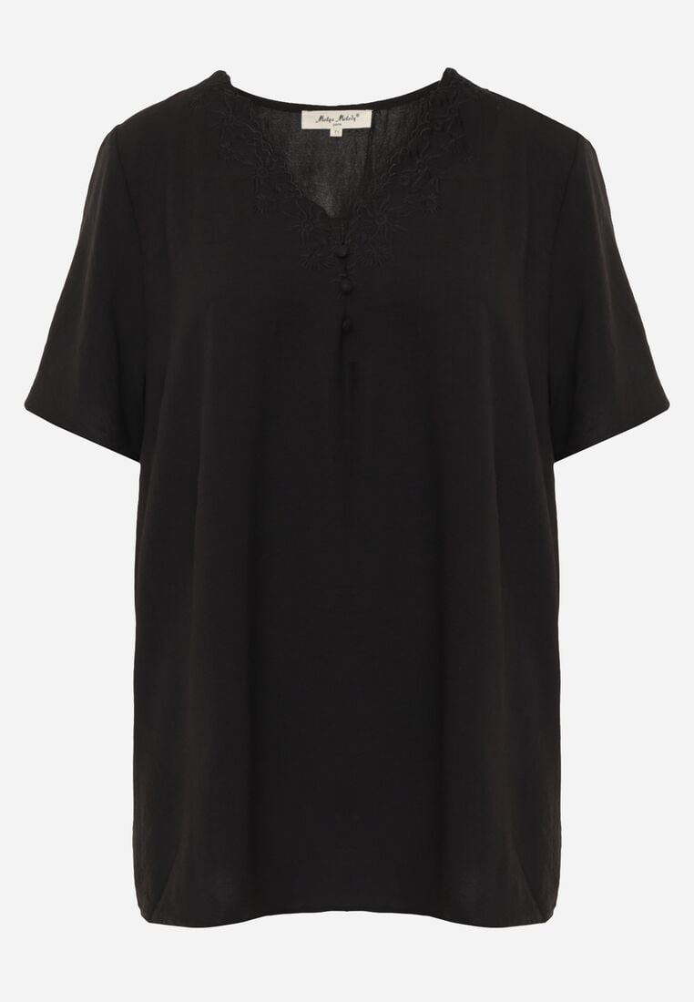 Czarna Bluzka z Krótkimi Rękawami i Ozdobnym Haftem Emmania 6