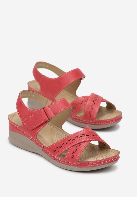 Czerwone Sandały na Niskim Koturnie z Paskami na Rzep Emrina 4