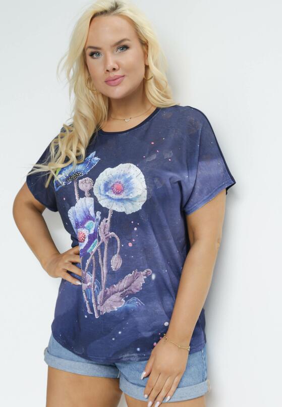 Granatowy Bawełniany T-shirt z Błyszczącym Nadrukiem Aseda 1