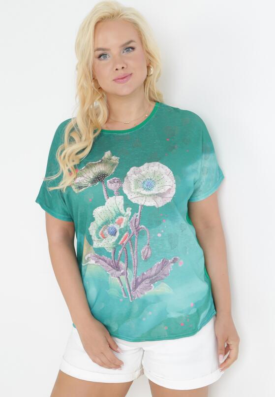 Zielony Bawełniany T-shirt z Błyszczącym Nadrukiem Aseda 1