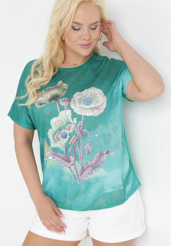 Zielony Bawełniany T-shirt z Błyszczącym Nadrukiem Aseda 2