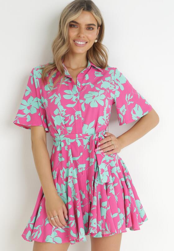 Różowo-Zielona Koszulowa Sukienka Mini z Materiałowym Paskiem w Kwiaty Alirea 4