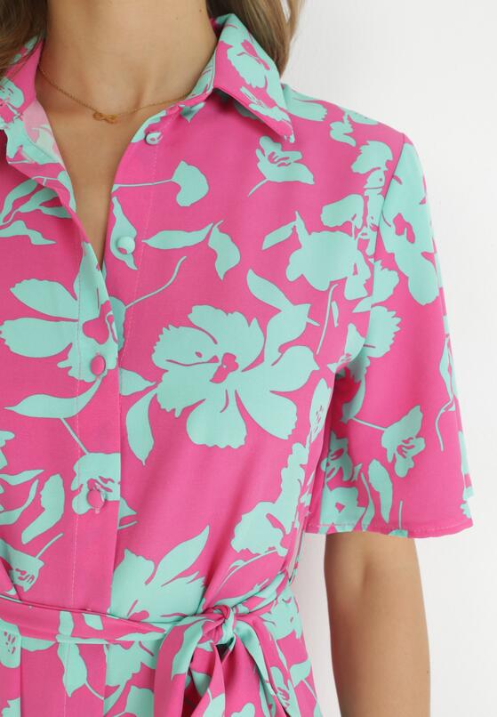 Różowo-Zielona Koszulowa Sukienka Mini z Materiałowym Paskiem w Kwiaty Alirea 5