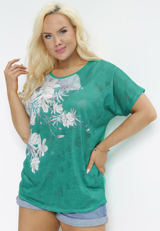 Zielony T-shirt Ozdobiony Cyrkoniami i Nadrukiem w Kwiaty Mollin 4