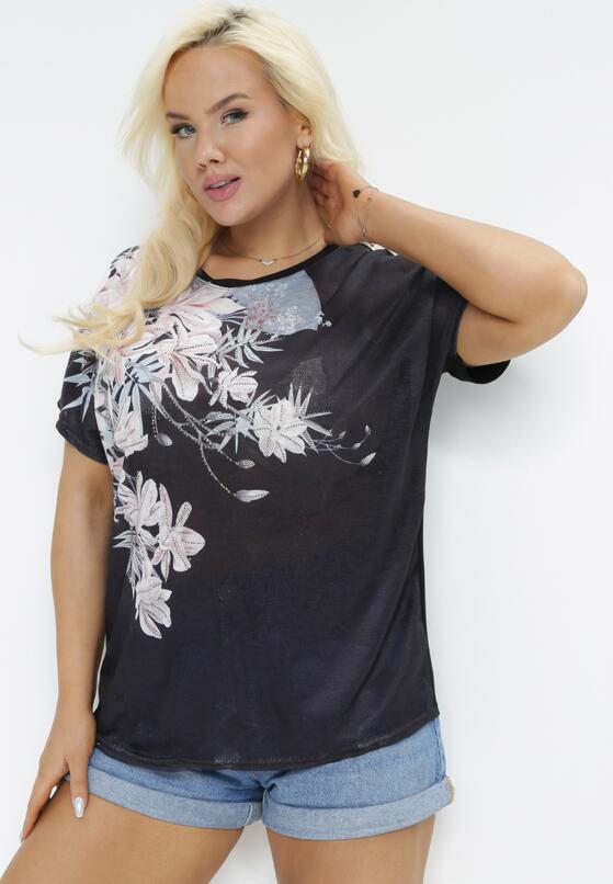 Czarny T-shirt Ozdobiony Cyrkoniami i Nadrukiem w Kwiaty Mollin 2