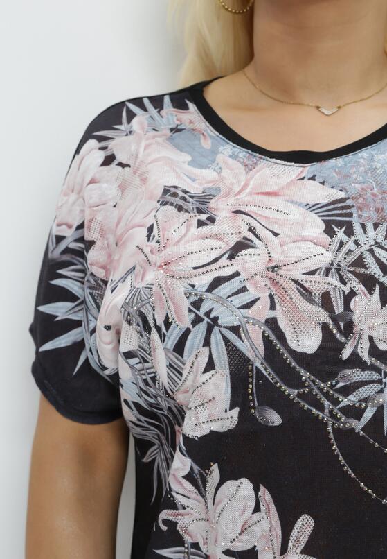 Czarny T-shirt Ozdobiony Cyrkoniami i Nadrukiem w Kwiaty Mollin 5
