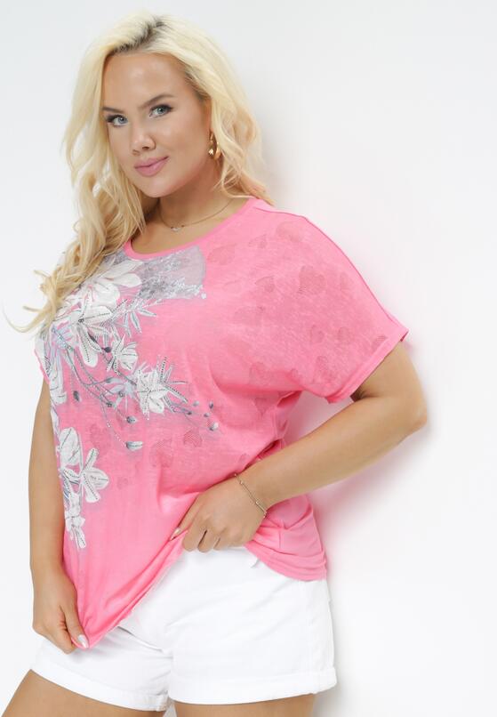 Fuksjowy T-shirt Ozdobiony Cyrkoniami i Nadrukiem w Kwiaty Mollin 1