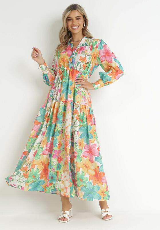 Zielona Rozkloszowana Sukienka Maxi z Gumką w Talii w Kwiaty Tanak 1