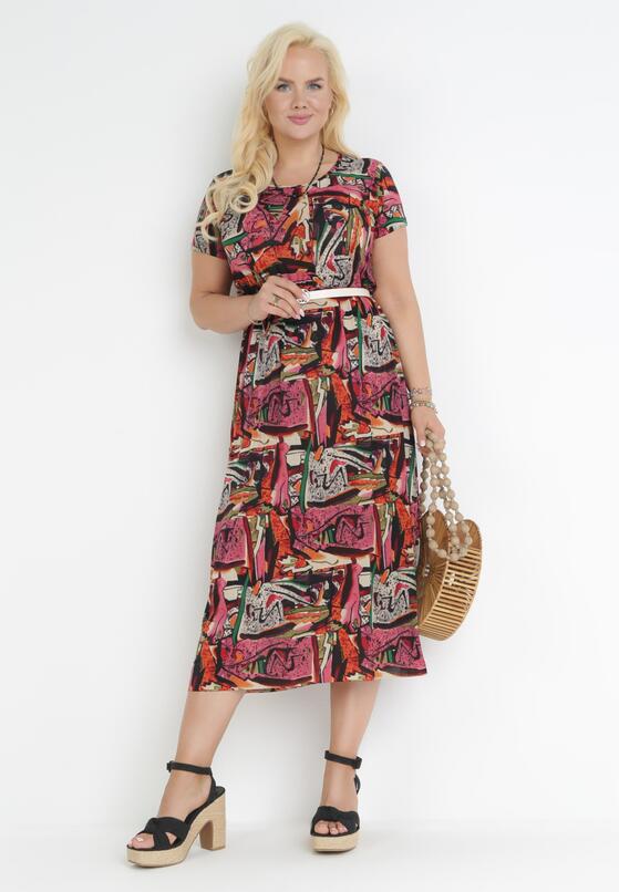 Ciemnoróżowa Sukienka Midi z Gumką w Pasie w Abstrakcyjny Wzór Casmalia 2