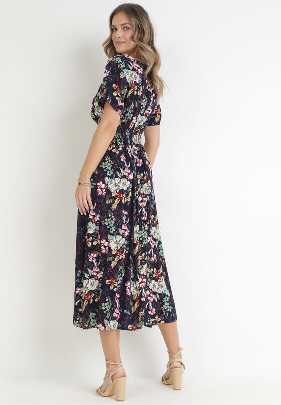 Granatowa Wiskozowa Sukienka Midi z Cienkimi Gumkami w Pasie i Kopertowym Dekoltem Clovantha 3