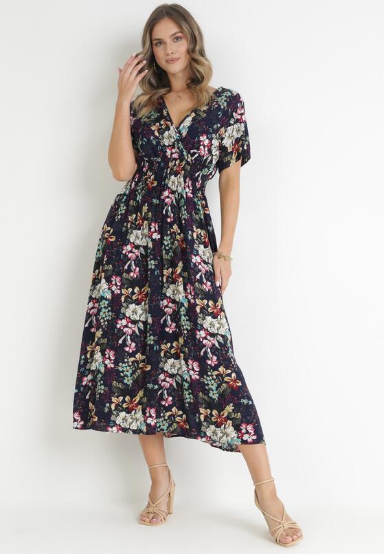 Granatowa Wiskozowa Sukienka Midi z Cienkimi Gumkami w Pasie i Kopertowym Dekoltem Clovantha 4