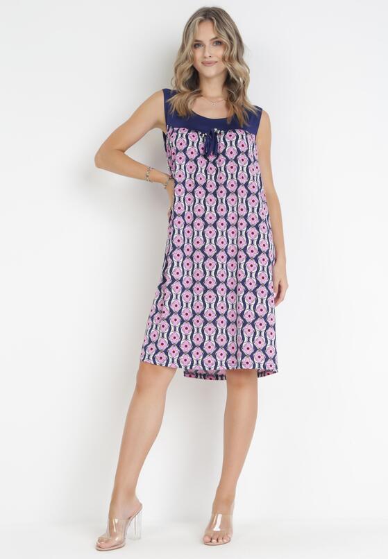 Różowo-Granatowa Trapezowa Sukienka Midi z Ozdobnymi Koralikami Roswitha 1