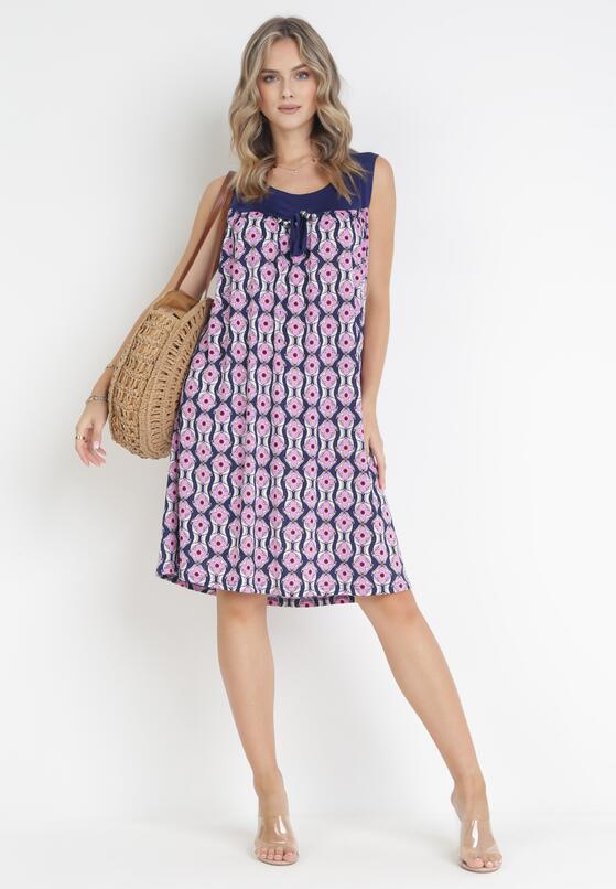 Różowo-Granatowa Trapezowa Sukienka Midi z Ozdobnymi Koralikami Roswitha 2