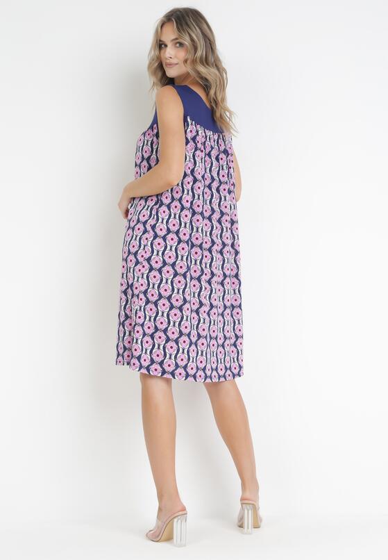 Różowo-Granatowa Trapezowa Sukienka Midi z Ozdobnymi Koralikami Roswitha 3