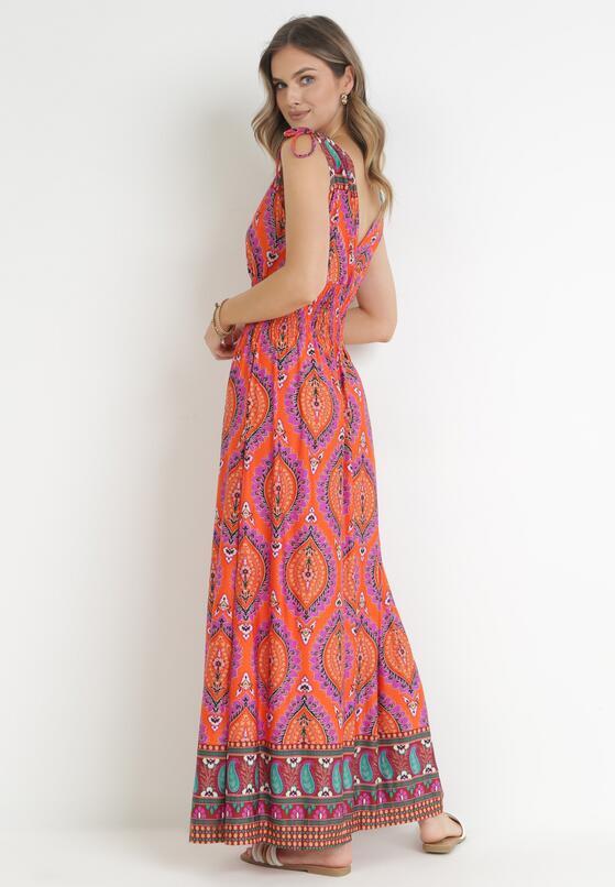 Pomarańczowa Rozkloszowana Sukienka Maxi z Gumką w Pasie z Wiskozy Yasuri 3