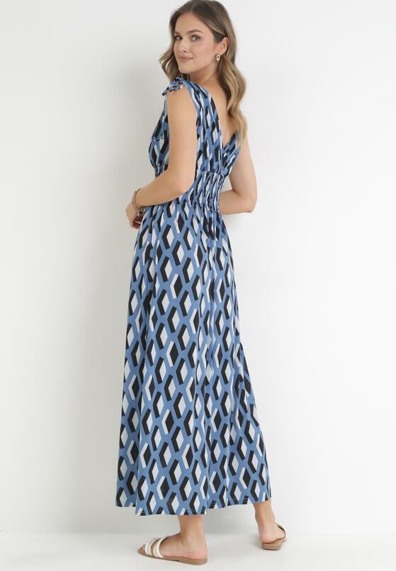 Niebieska Wiskozowa Sukienka Maxi z Cienkimi Gumkami w Talii i Ściąganymi Ramionami Anelyse 3