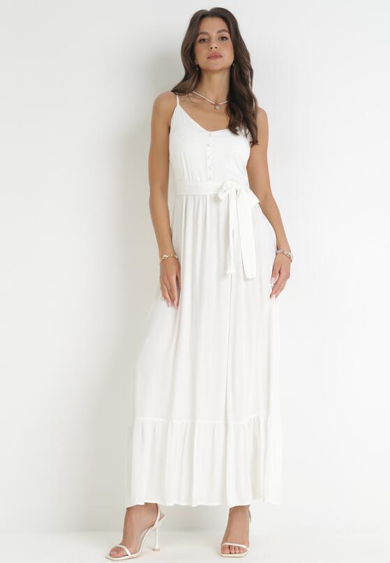 Biała Wiskozowa Sukienka Maxi na Ramiączkach z Falbankami Rosienda 1