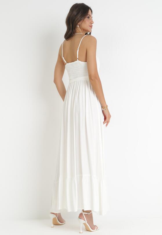 Biała Wiskozowa Sukienka Maxi na Ramiączkach z Falbankami Rosienda 3