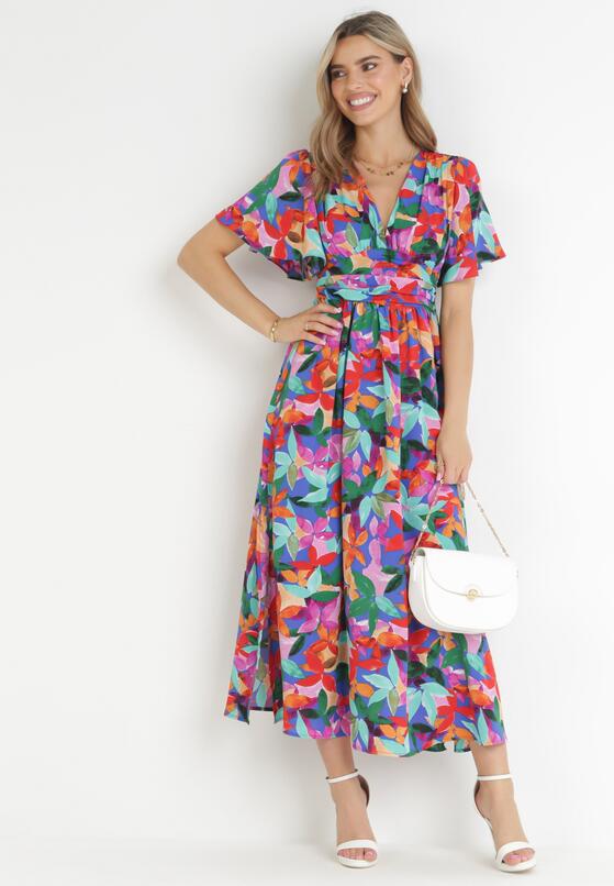 Różowo-Niebieska Rozkloszowana Sukienka Maxi w Kwiatowy Print Ilviza 2