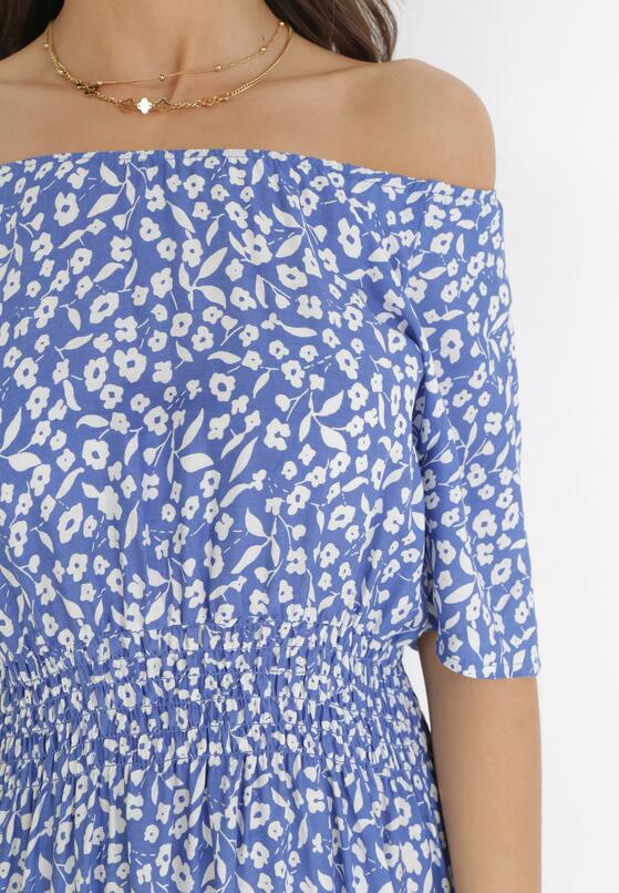 Niebieska Sukienka Maxi Hiszpanka z Marszczoną Gumką w Talii z Wiskozy Skarlet 5