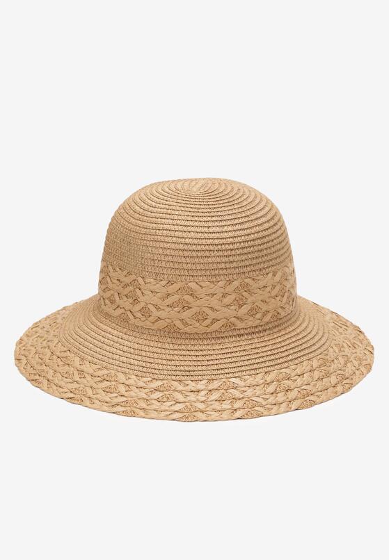 Beżowy Ozdobiony Plecionką Kapelusz z Szerokim Rondem Cherocia 1