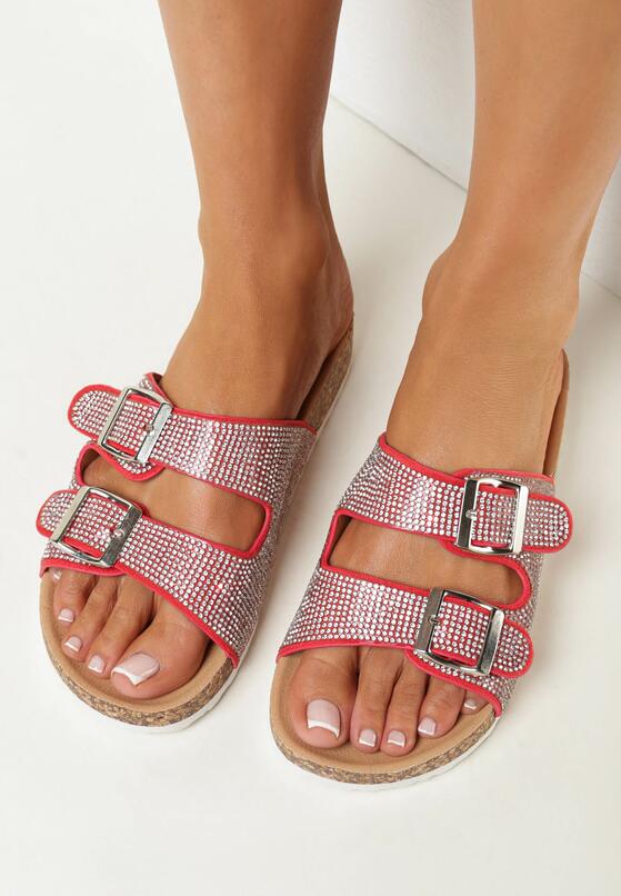 Czerwono-Srebrne Klapki na Korkowej Podeszwie z Szerokimi Paskami z Cyrkoniami Bralomi 2