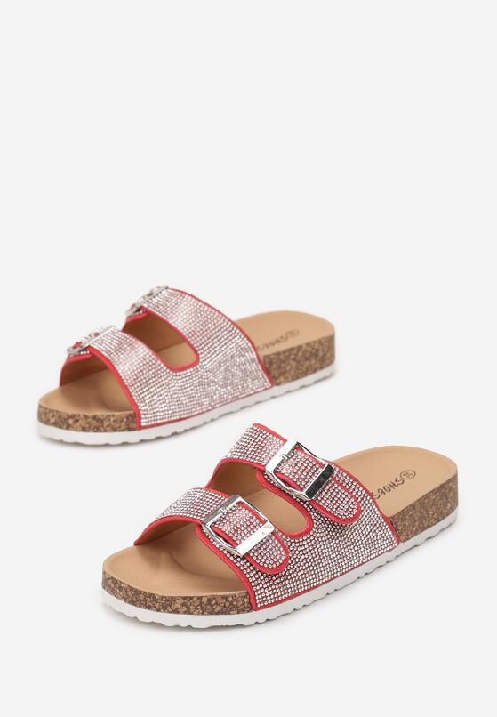 Czerwono-Srebrne Klapki na Korkowej Podeszwie z Szerokimi Paskami z Cyrkoniami Bralomi 4