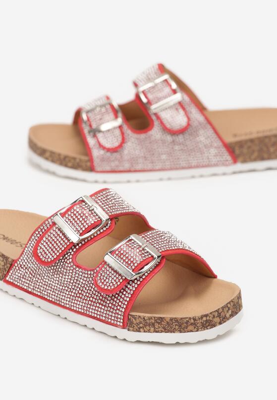 Czerwono-Srebrne Klapki na Korkowej Podeszwie z Szerokimi Paskami z Cyrkoniami Bralomi 5