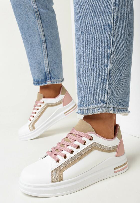 Beżowo-Białe Sneakersy na Grubej Podeszwie przed Kostkę z Brokatem Arlala 2