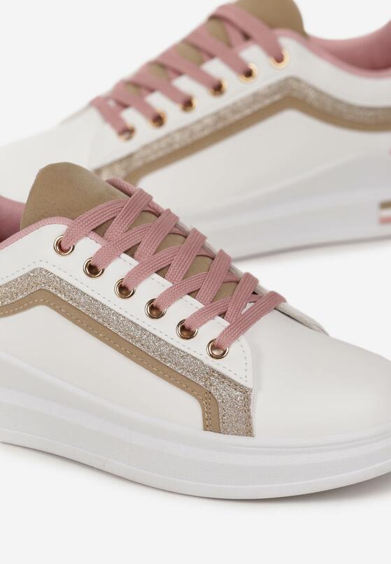 Beżowo-Białe Sneakersy na Grubej Podeszwie przed Kostkę z Brokatem Arlala 5