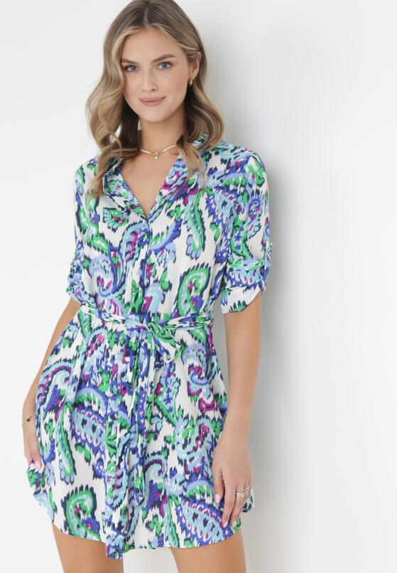 Niebieska Sukienka Mini z Kołnierzem i Materiałowym Paskiem z Wiskozy Erreva 1