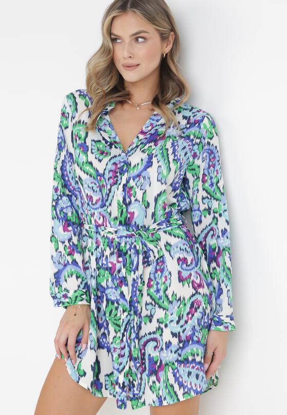 Niebieska Sukienka Mini z Kołnierzem i Materiałowym Paskiem z Wiskozy Erreva 2