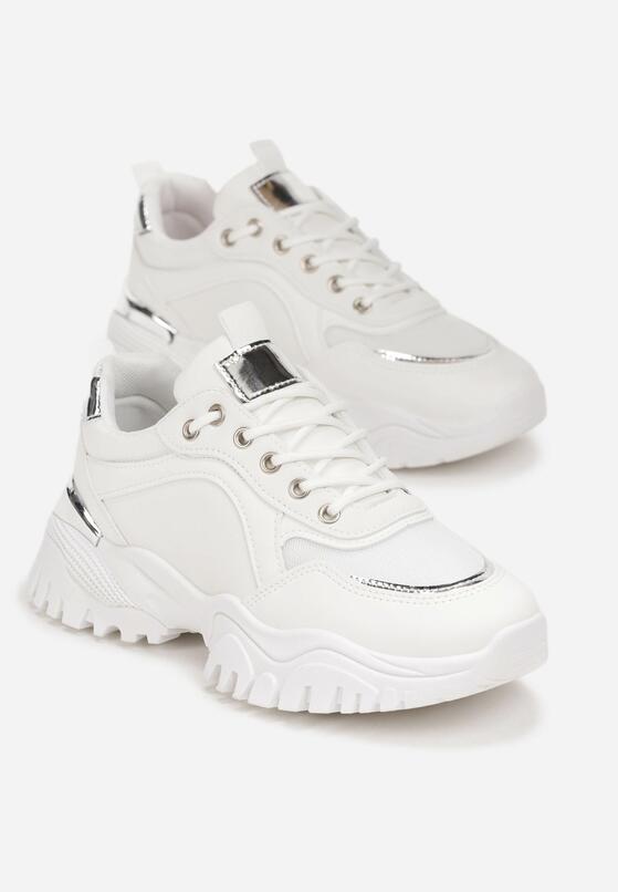 Białe Sneakersy na Grubej Podeszwie z Metalicznymi Aplikacjami Nalos 4