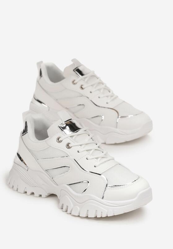 Białe Sznurowane Sneakersy z Wycięciami na Grubej Podeszwie Nelei 4