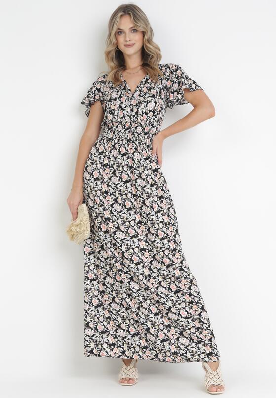 Czarna Wiskozowa Sukienka Z Kopertowym Dekoltem i Gumkami w Pasie Seldel 1