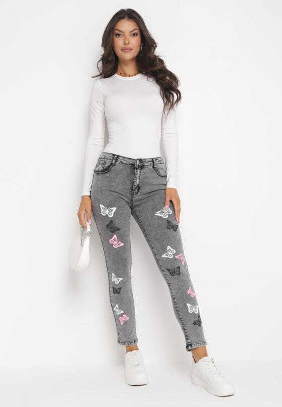 Jasnoszare Jeansy Skinny z Motylkami i Efektem Push Up Elenatia 2